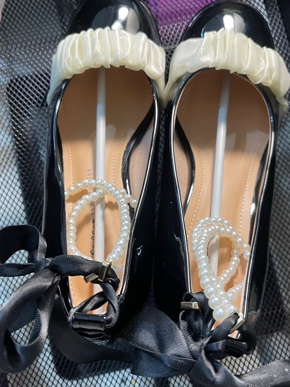 Black Patent Ballet Flats with Ivory Ruffle and Pearl Strap